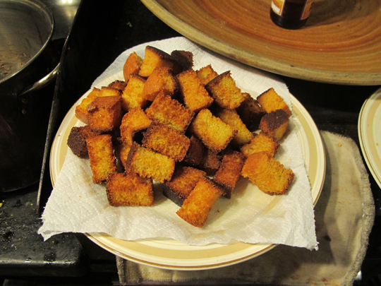 Fried corn bread croutons for green chile bisque