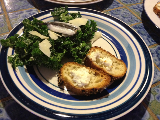 Massaged kale Caesar with "bone marrow" baguettes